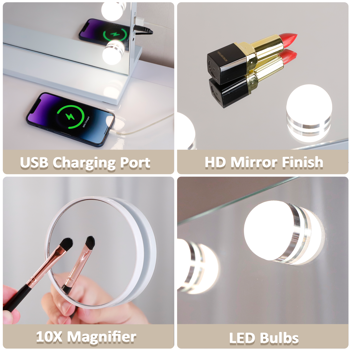 Fenchilin 37"x30" Vanity Mirror with Lights USB Charging Tabletop Wall Mount Metal White