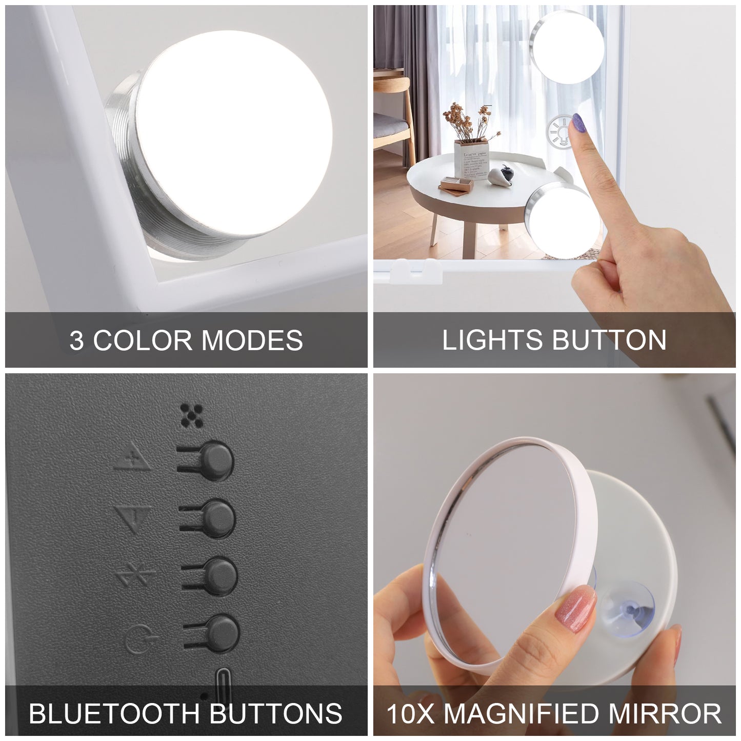 FENCHILIN Hollywood Vanity Makeup Mirror with Lights Bluetooth Wireless Charging Tabletop Metal White