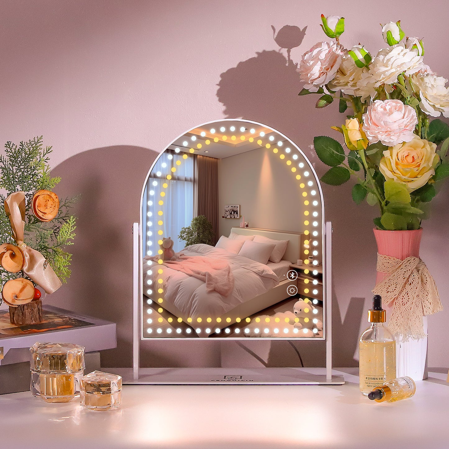 Fenchilin Arched Vanity Makeup Mirror with Lights Bluetooth Metal Tabletop White 12''x14''