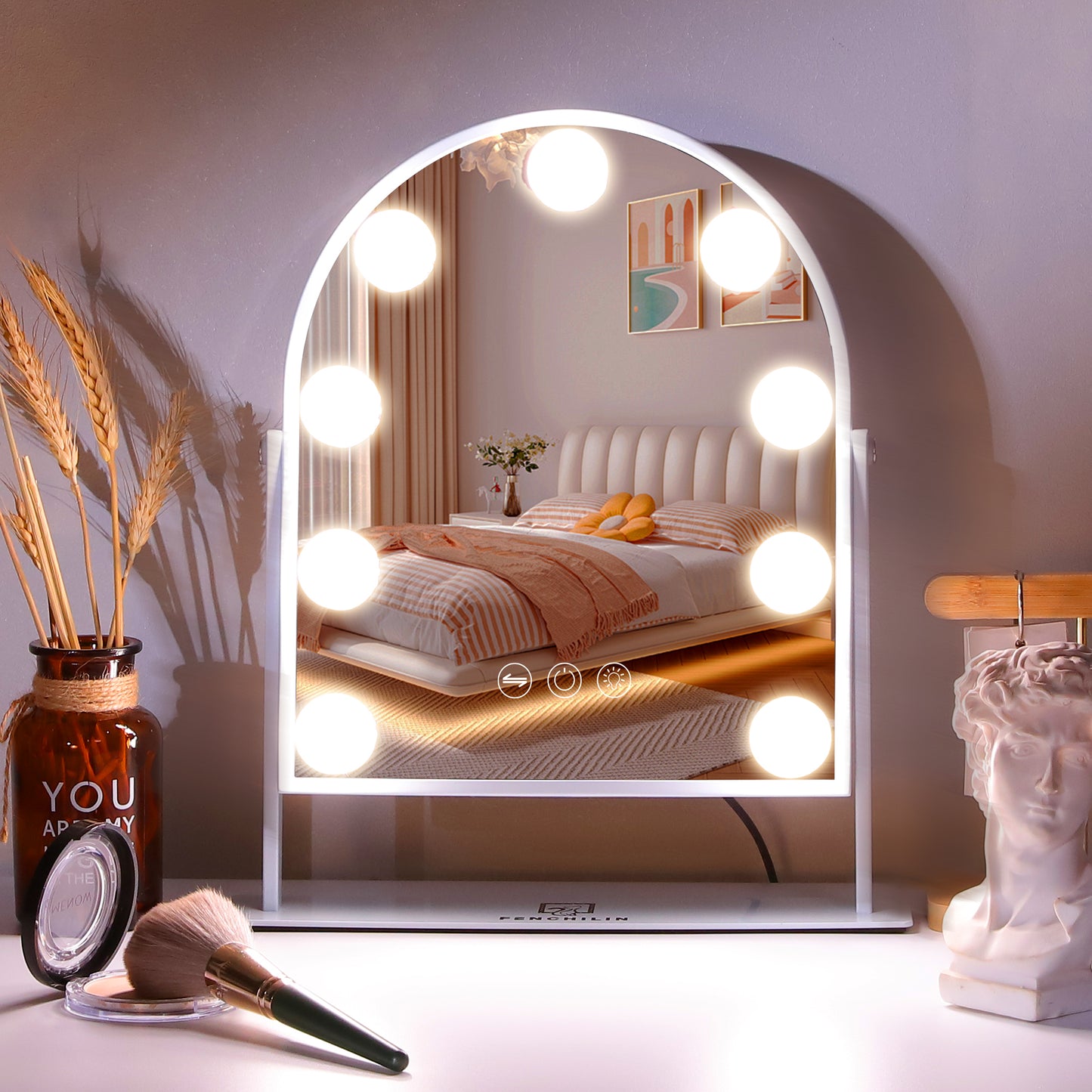 Fenchilin Arched Vanity Makeup Mirror with Lights Metal Tabletop White 12''x14''