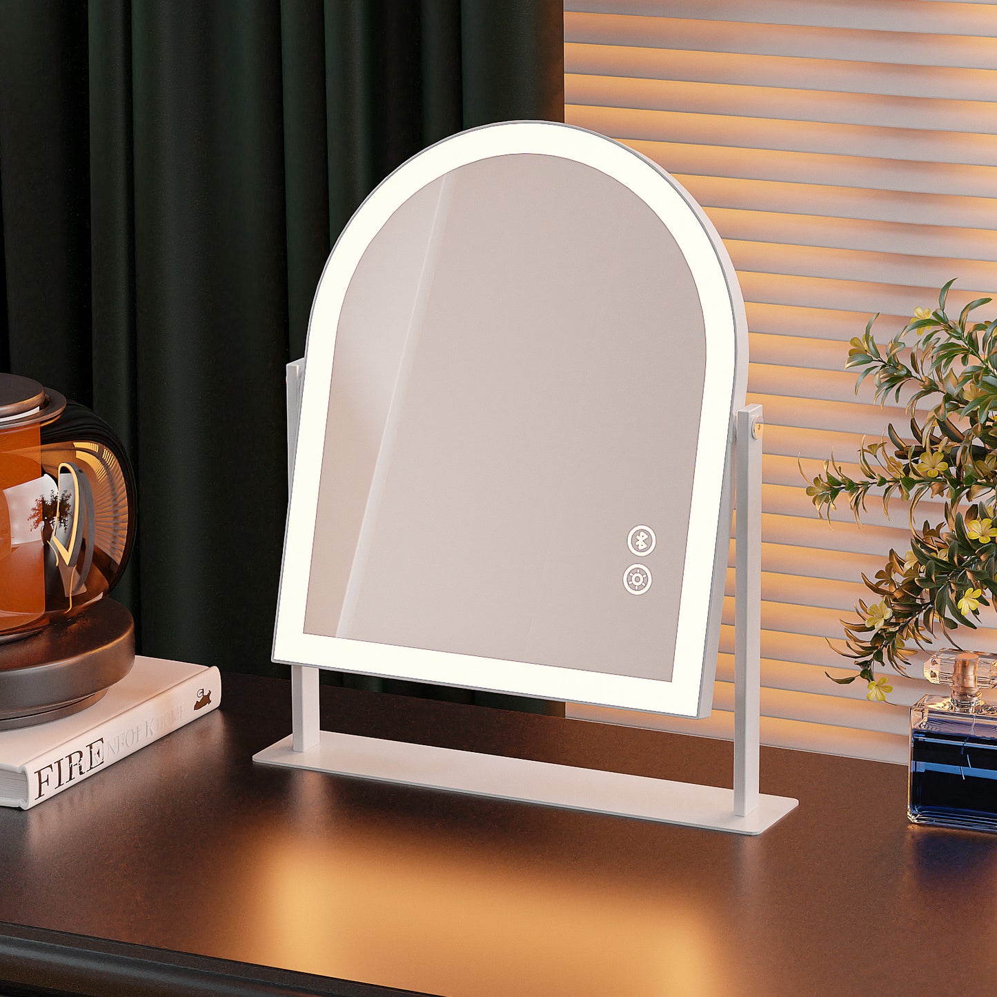 Fenchilin Arched Vanity Makeup Mirror with Lights Bluetooth Metal Tabletop White 12''x14''