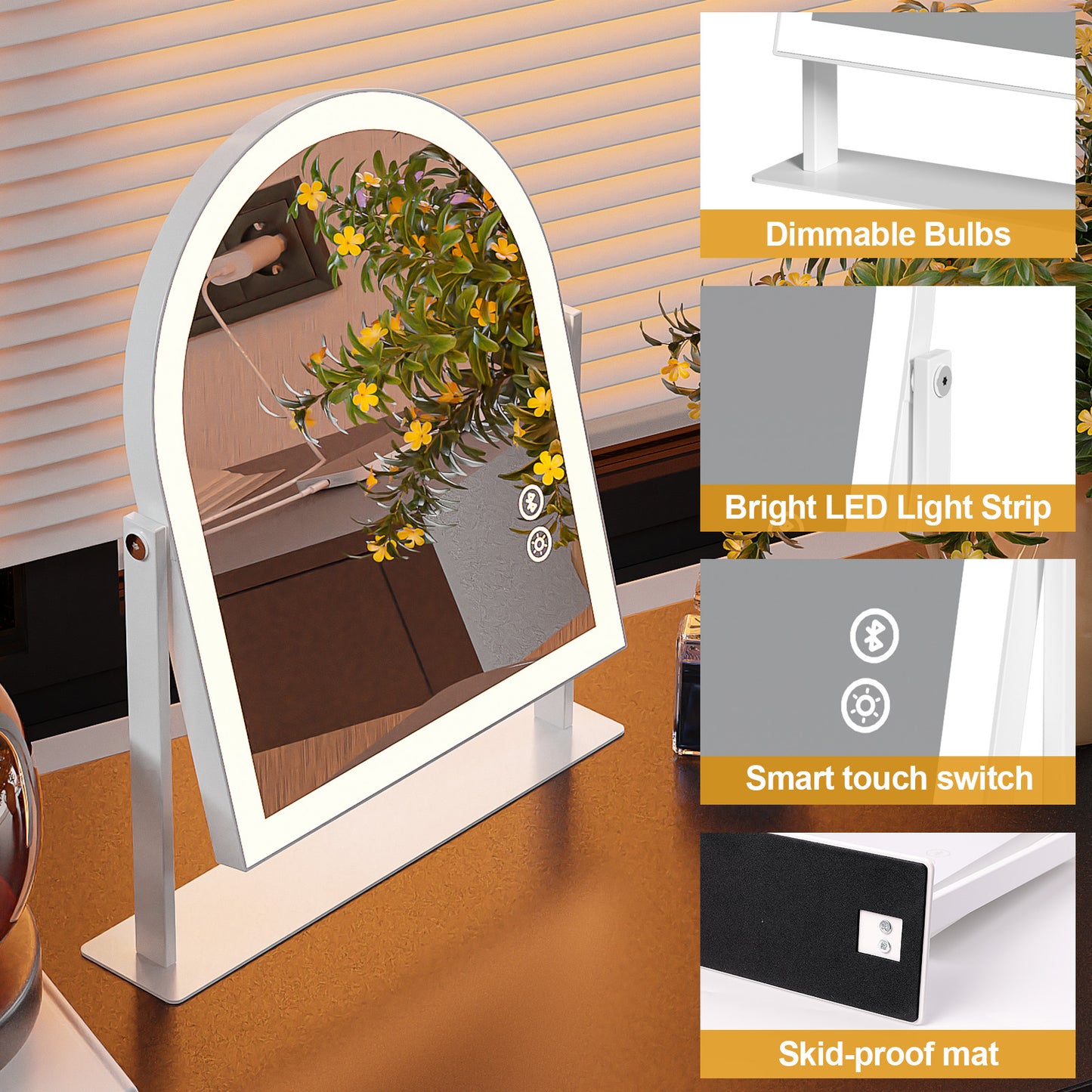 Fenchilin Arched Vanity Makeup Mirror with Lights Bluetooth Metal Tabletop White 12''x14''