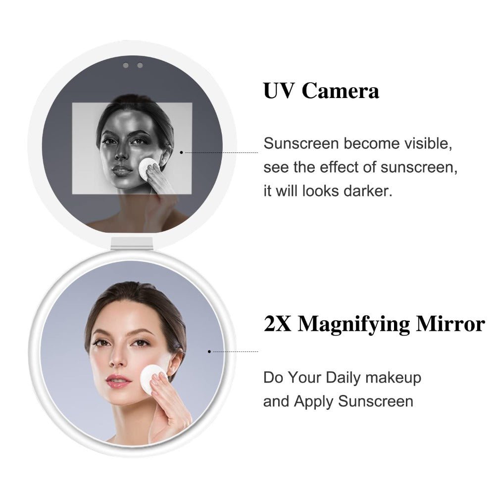 LED Travel Compact Vanity Mirror(3.5 Inch) with UV Camera for Sunscreen Test, 2X Magnification Portable Lighted Mirror for Handbag Pocket| FENCHILIN - FENCHILIN