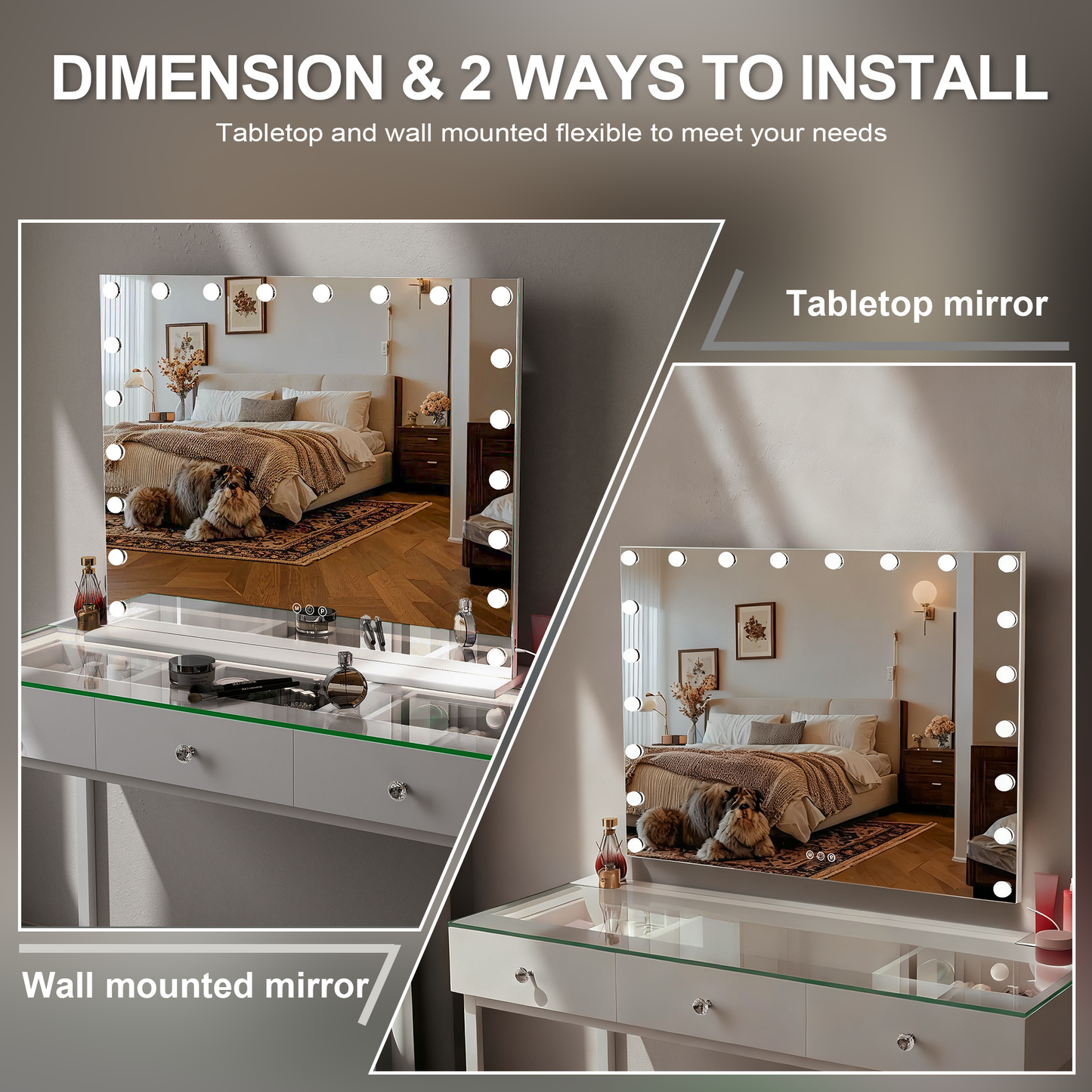 Fenchilin 37"x30" Vanity Mirror with Lights USB Charging Tabletop Wall Mount Metal White