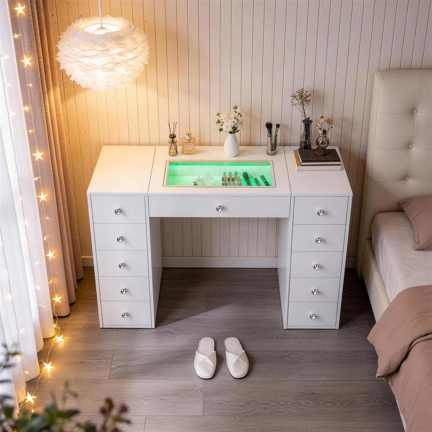 Fenchilin 51" Makeup Vanity Desk with Lights RGB 11 Drawers White