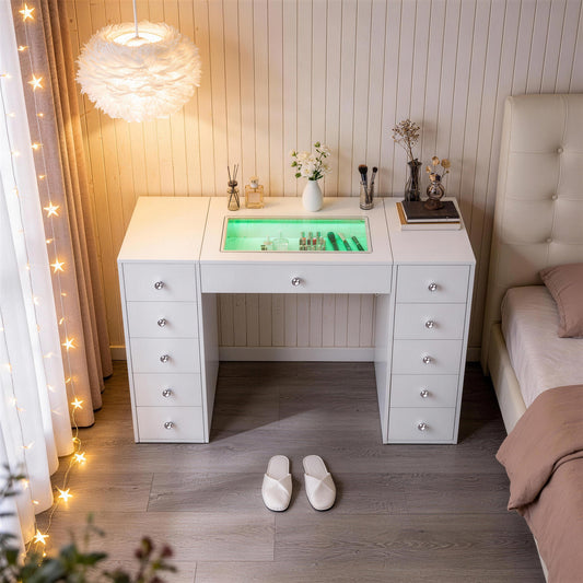 Fenchilin 51" Makeup Vanity Desk with Lights RGB 11 Drawers White