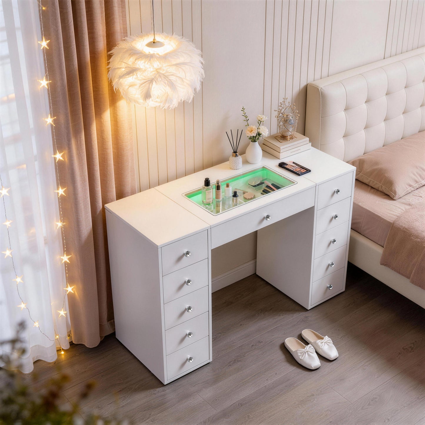 Fenchilin 51" Makeup Vanity Desk with Lights RGB 11 Drawers White