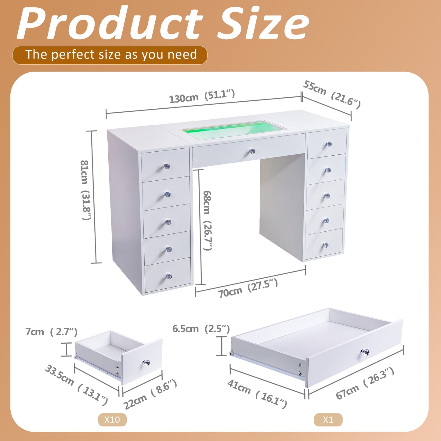 Fenchilin 51" Makeup Vanity Desk with Lights RGB 11 Drawers White