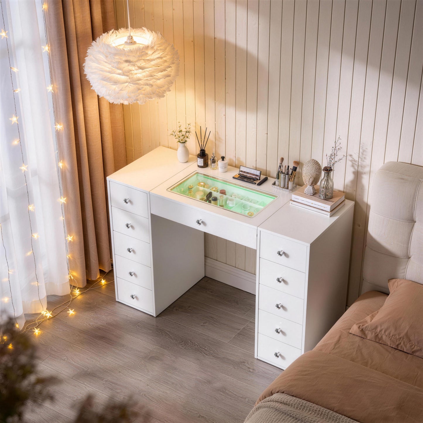 Fenchilin 51" Makeup Vanity Desk with Lights RGB 11 Drawers White