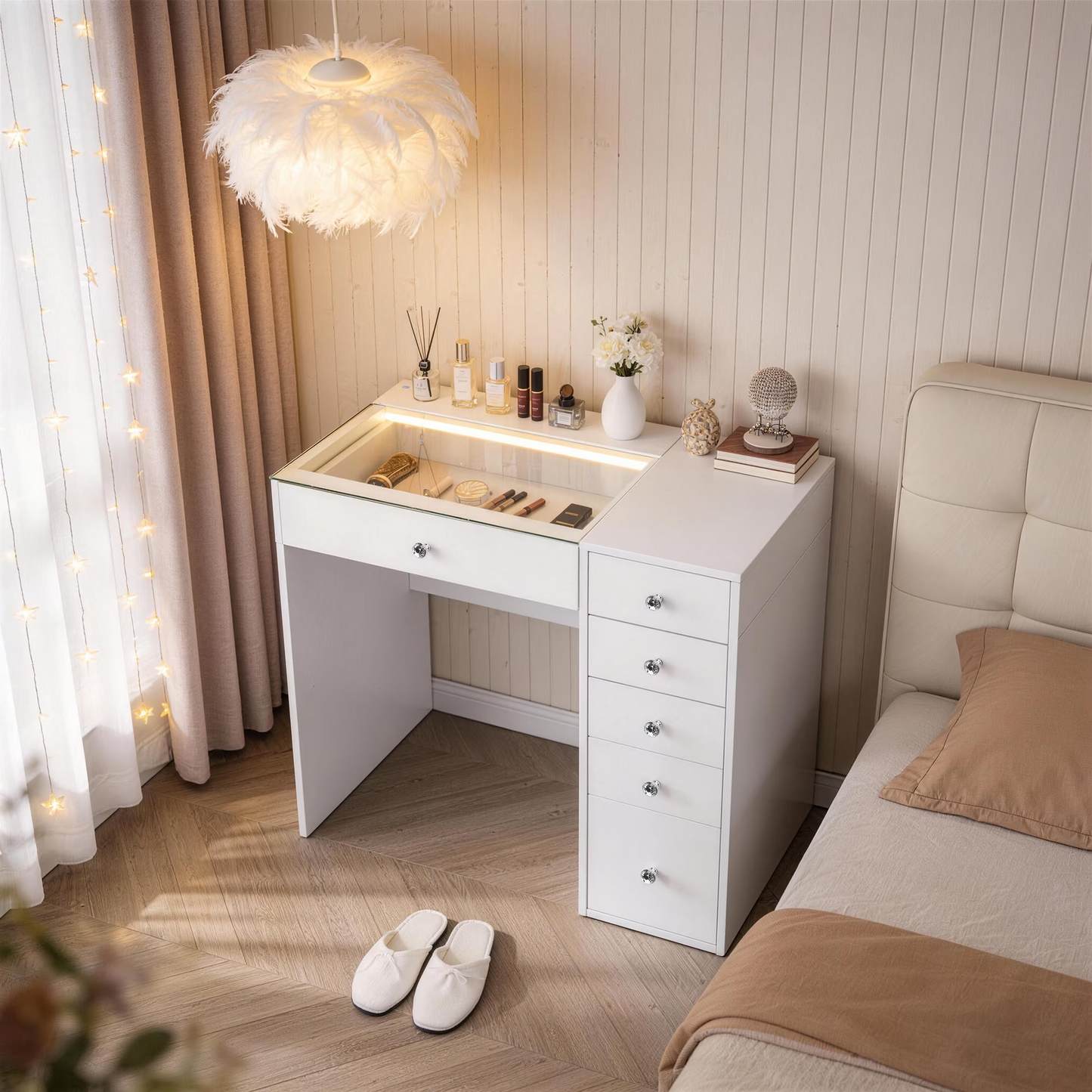 Fenchilin 36" Makeup Vanity Desk with Lights RGB 6 Drawers White