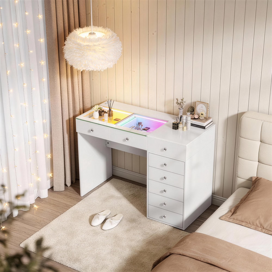 Fenchilin 48" Makeup Vanity Desk with Lights LED RGB 8 Drawers White
