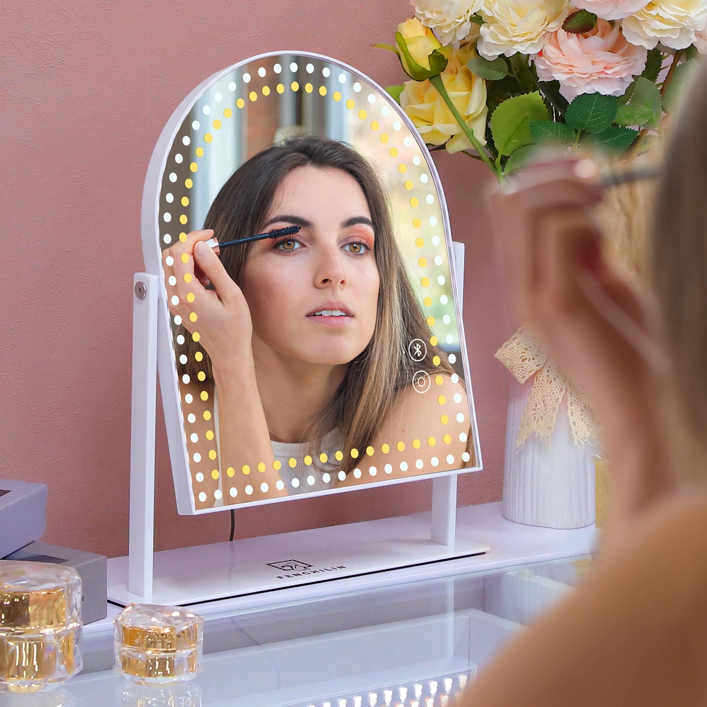 Fenchilin Arched Vanity Makeup Mirror with Lights Bluetooth Metal Tabletop White 12''x14''