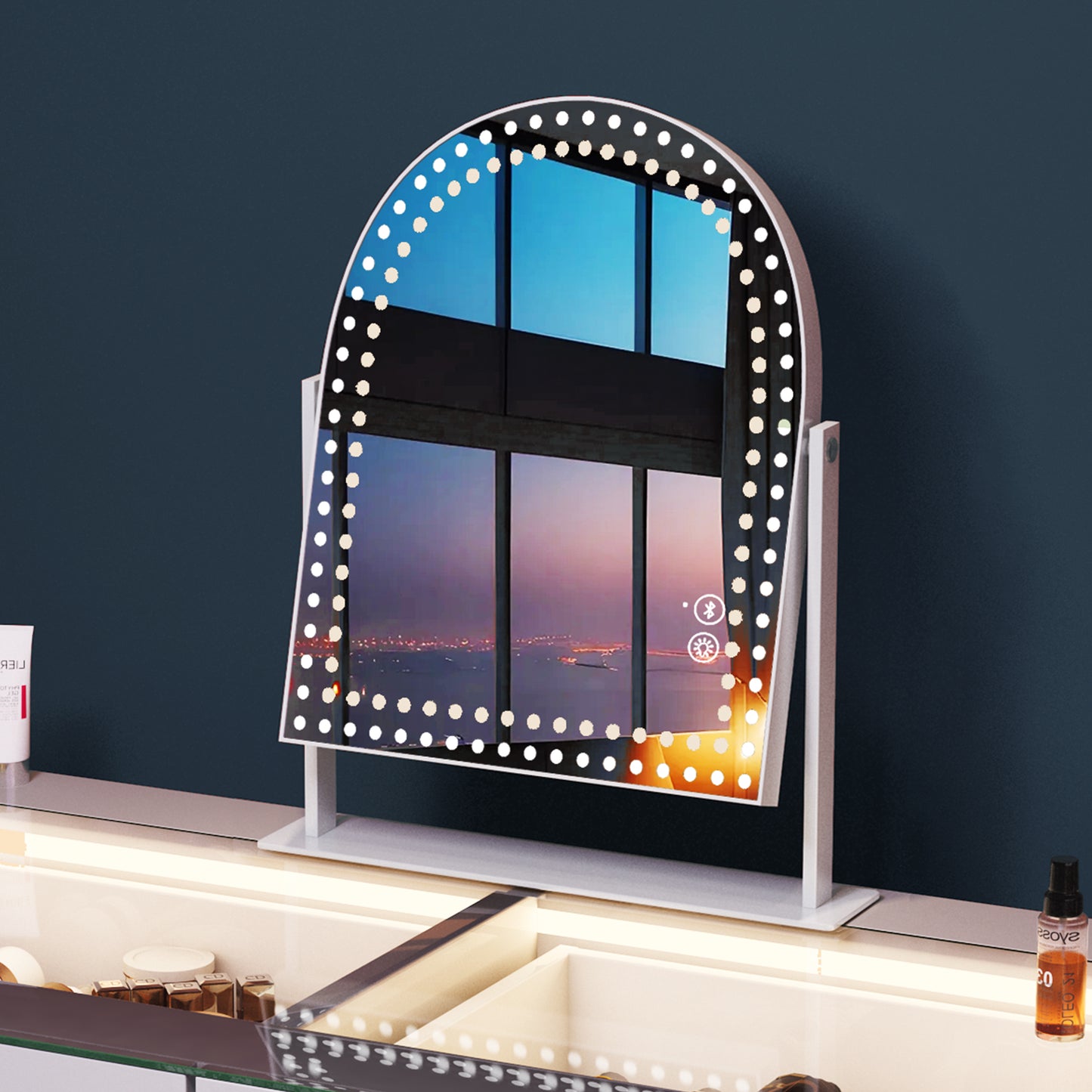 Fenchilin Arched Vanity Makeup Mirror with Lights Bluetooth Metal Tabletop White 12''x14''