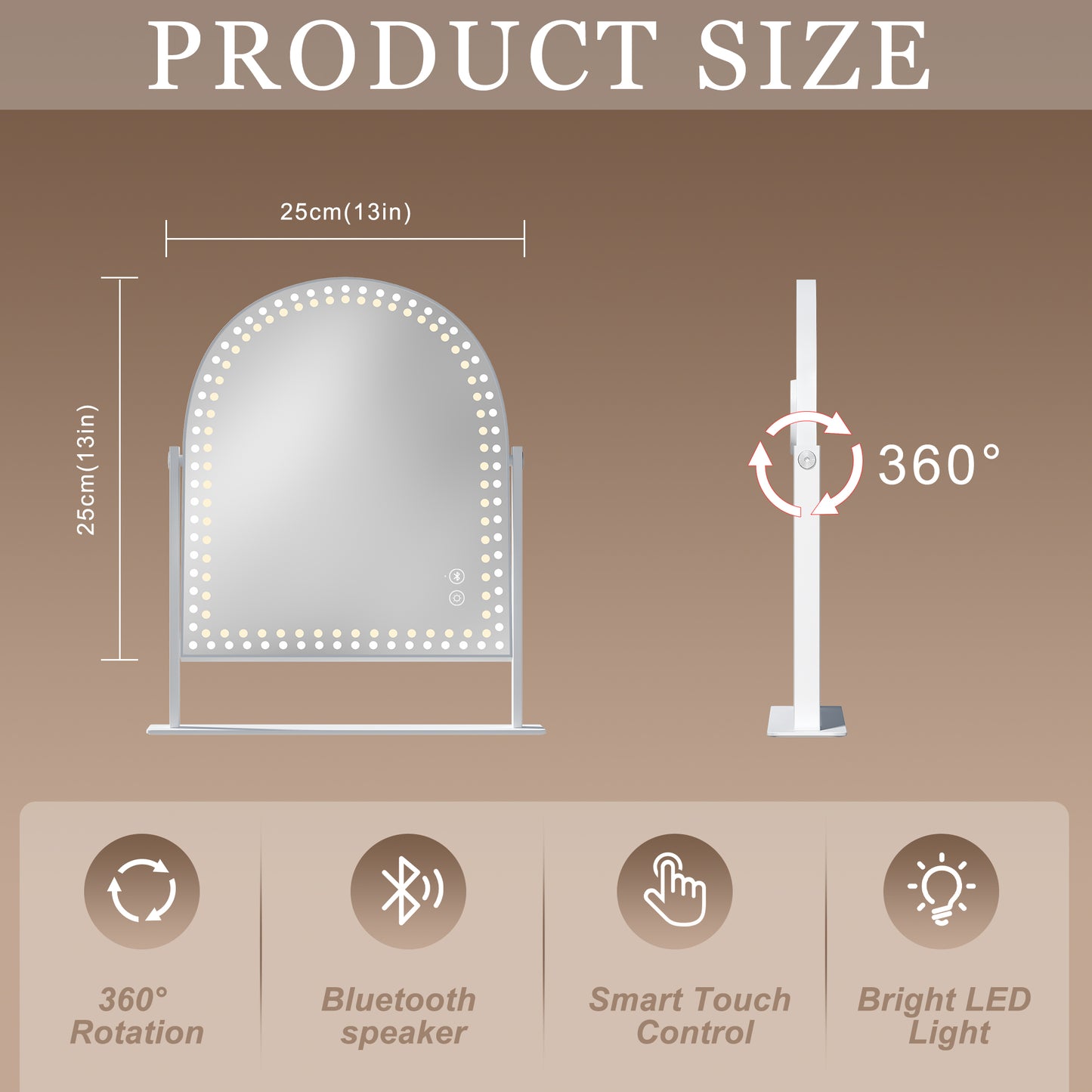 Fenchilin Arched Vanity Makeup Mirror with Lights Bluetooth Metal Tabletop White 12''x14''