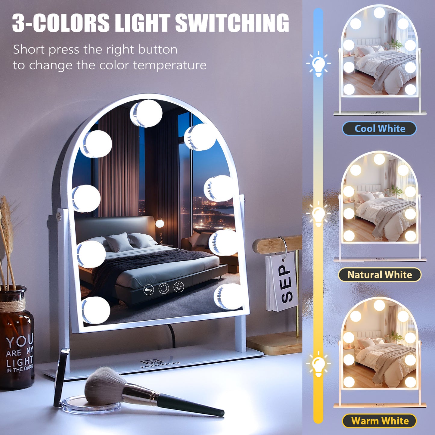 Fenchilin Arched Vanity Makeup Mirror with Lights Metal Tabletop White 12''x14''