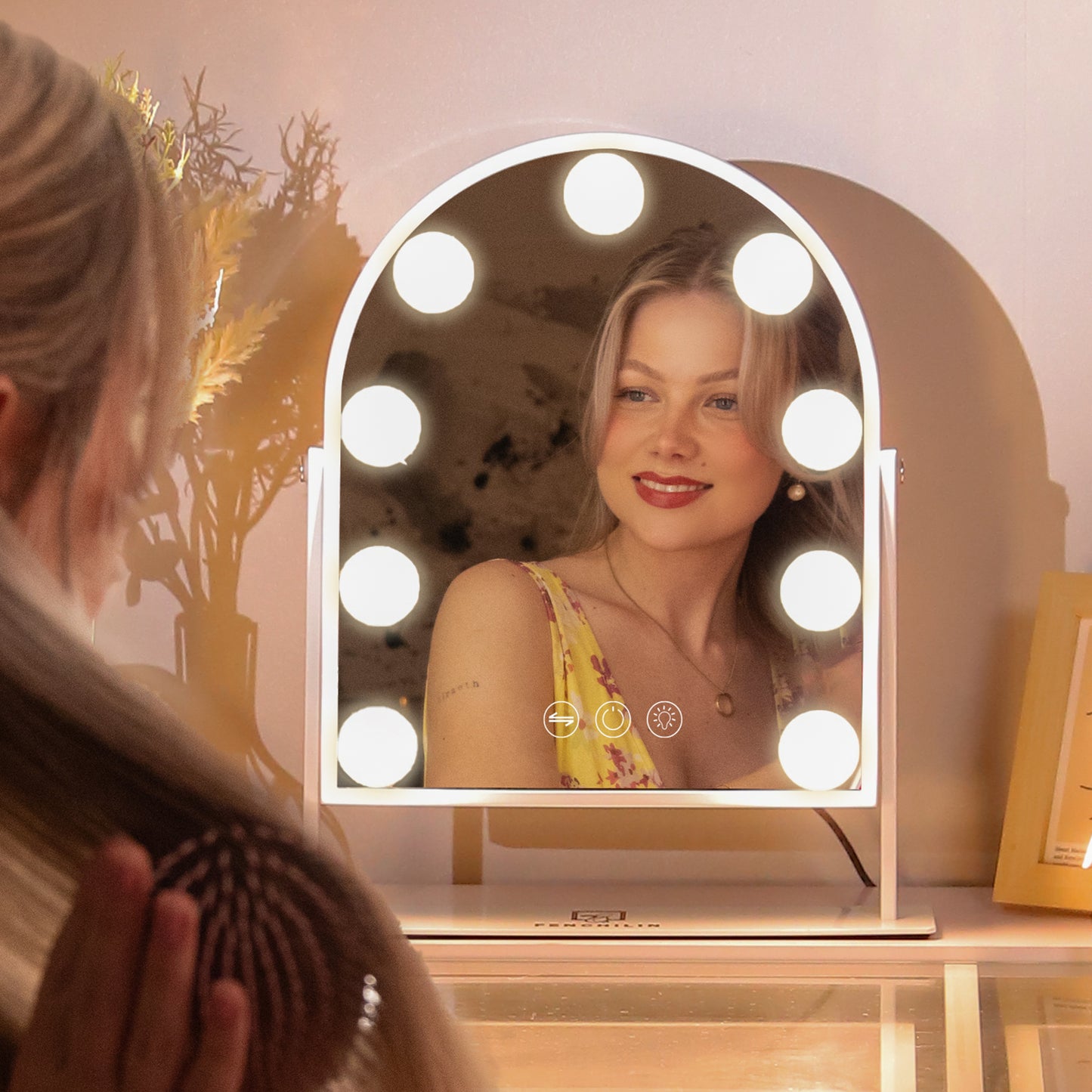 Fenchilin Arched Vanity Makeup Mirror with Lights Metal Tabletop White 12''x14''