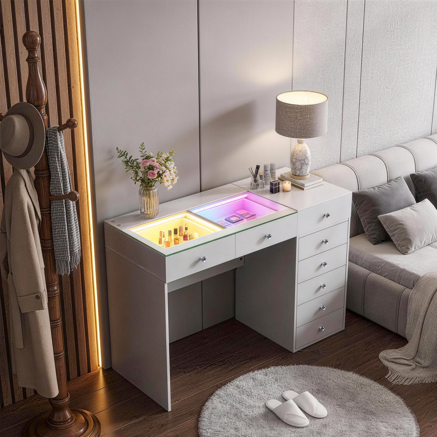 Fenchilin 48" Makeup Vanity Desk with Lights LED RGB 8 Drawers White