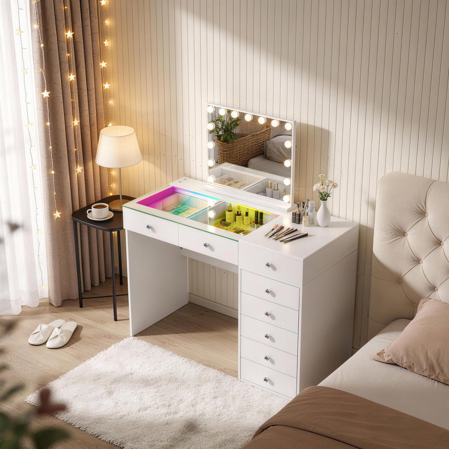 Fenchilin 48" Makeup Vanity Desk with Lights LED RGB 8 Drawers White