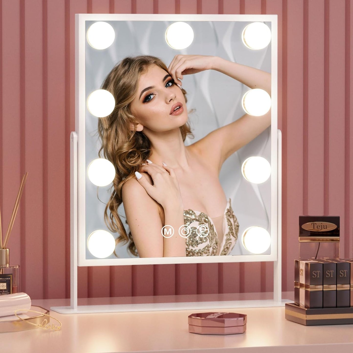 Fenchilin 12"x14" Vanity Makeup Mirror with Lights 360° Swivel Tabletop Metal White