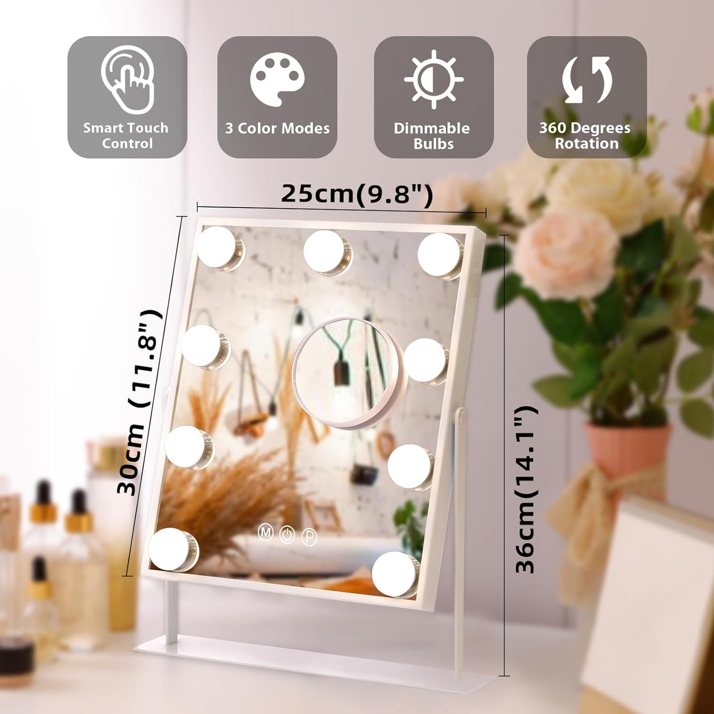 Fenchilin 12"x14" Vanity Makeup Mirror with Lights 360° Swivel Tabletop Metal White