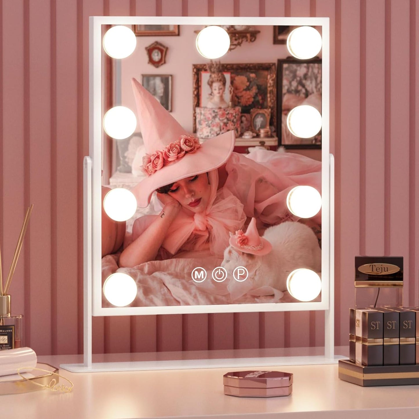 Fenchilin 12"x14" Vanity Makeup Mirror with Lights 360° Swivel Tabletop Metal White