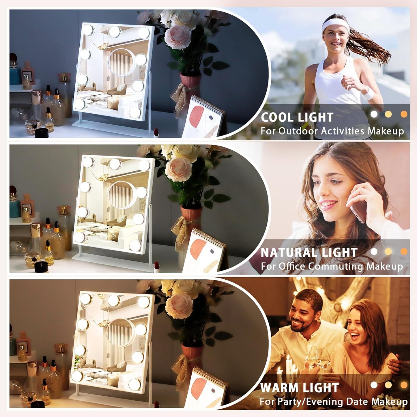 Fenchilin 12"x14" Vanity Makeup Mirror with Lights 360° Swivel Tabletop Metal White