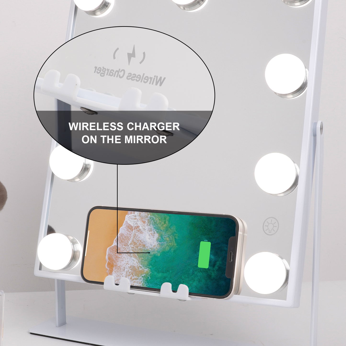 FENCHILIN Hollywood Vanity Makeup Mirror with Lights Bluetooth Wireless Charging Tabletop Metal White