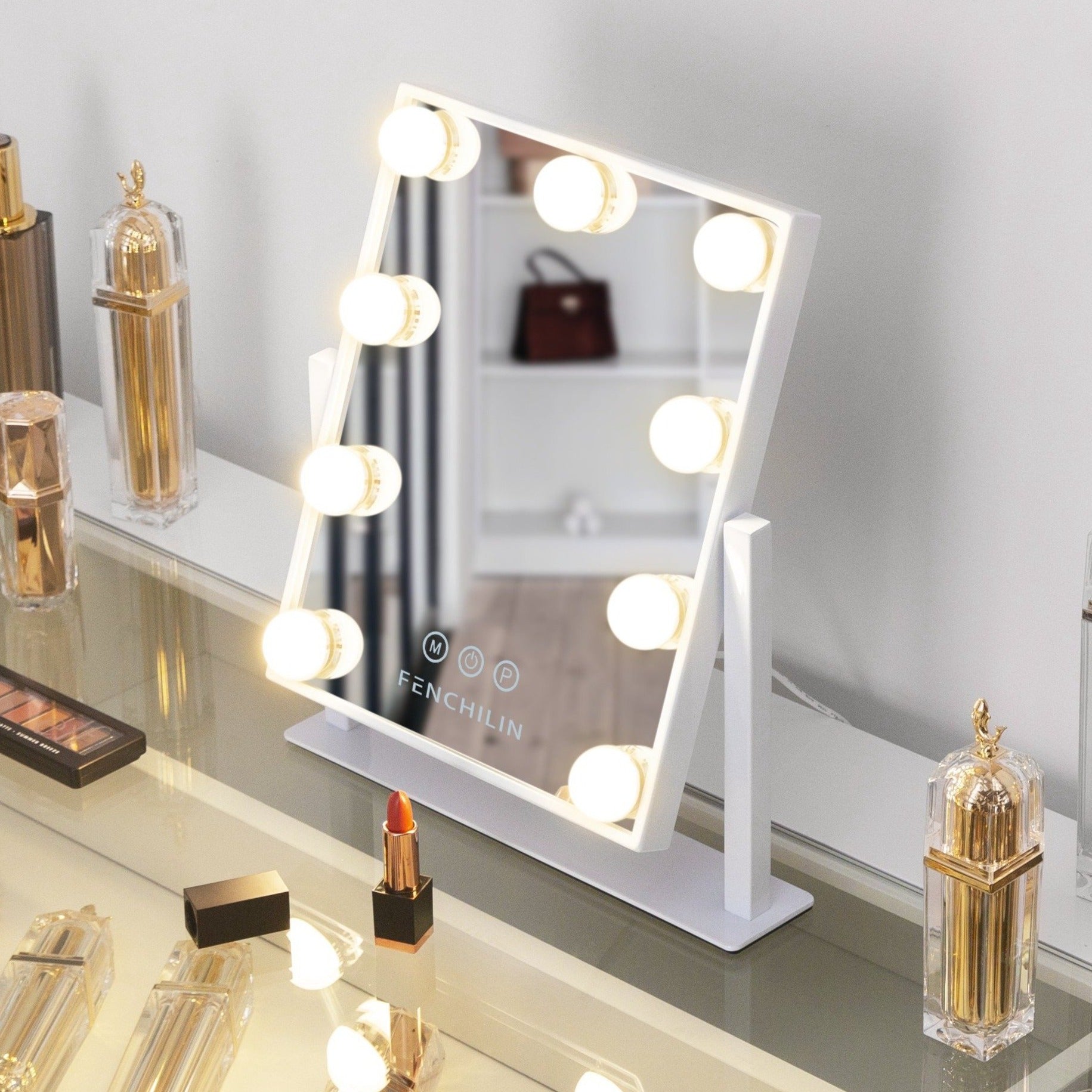 Espelho de Maquilhagem Hollywood com Luzes e Bluetooth FENCHILIN 18-Led  Mesa-Parede (80x58 cm)