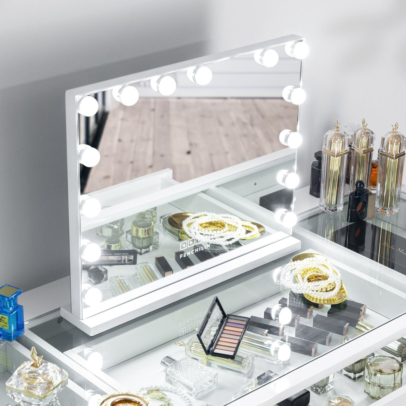 Espelho de Maquilhagem Hollywood com Luzes e Bluetooth FENCHILIN 18-Led  Mesa-Parede (80x58 cm)