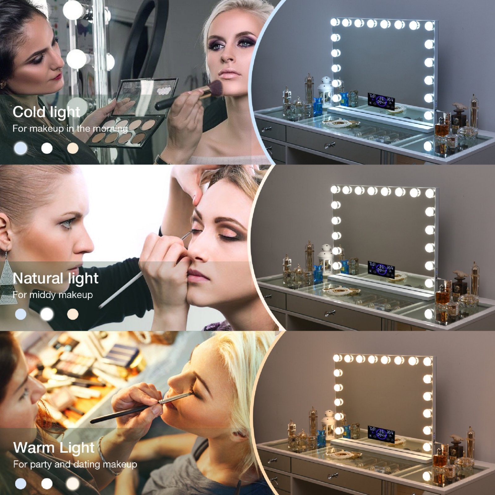 Aquamarin® Hollywood Mirror with Lighting, 3 Light Colours, Dimmable,  Touch, 15 LED Lights, 58 x 43 cm, Wall Table Mirror, Cosmetic Mirror,  Theatre