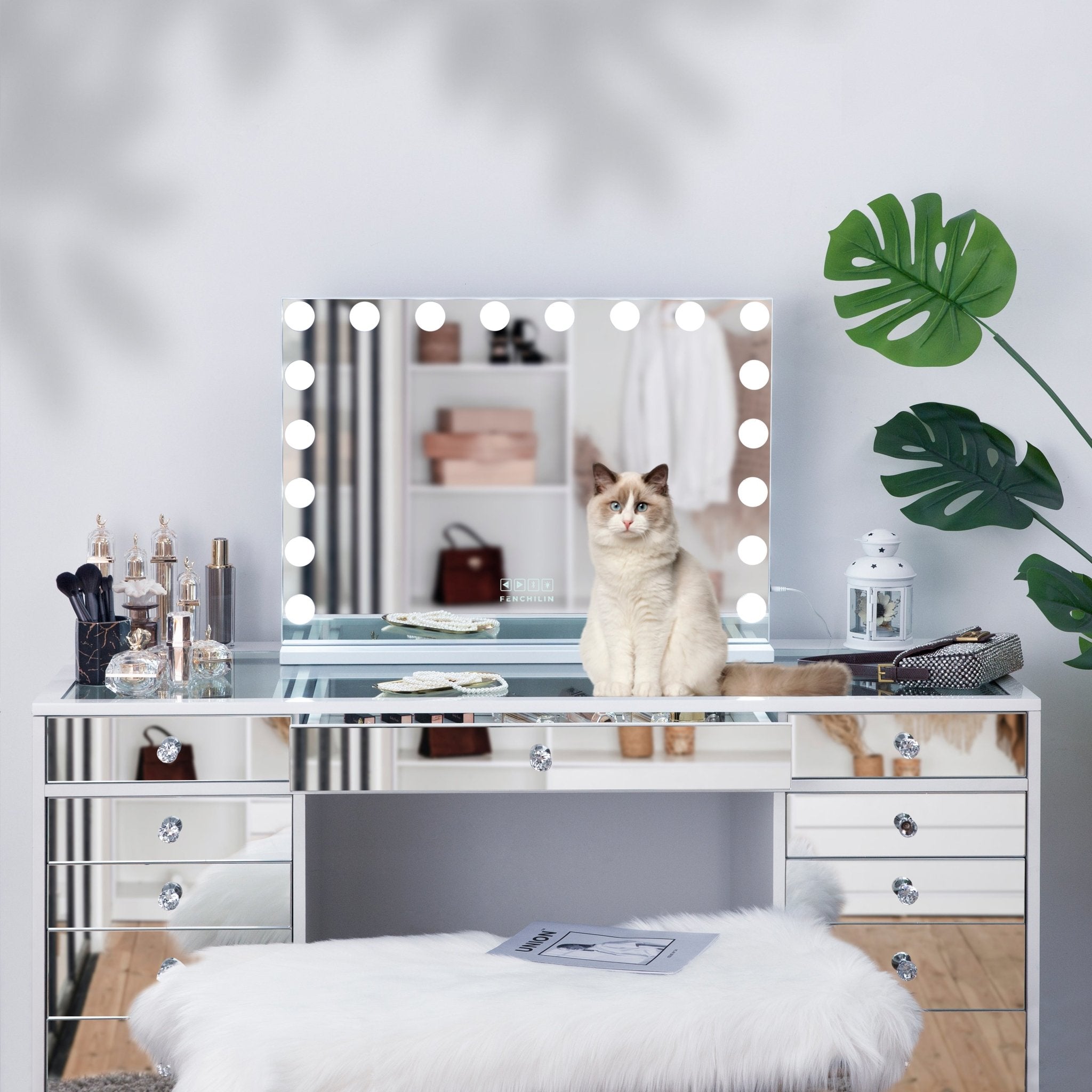 FENCHILIN Hollywood Vanity Mirror with Lights Large Makeup Mirror with 18  Dimmable LED Bulbs Lighted Vanity Mirror with Music Speaker 3 Color Modes  Makeup Mirror with Lights and Magnification 80x60 : 