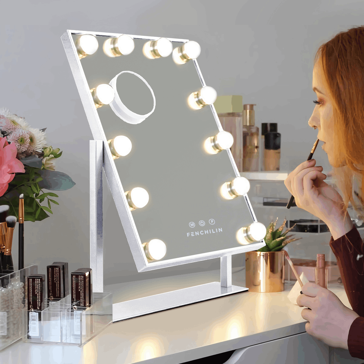 Fenchilin 23''x19'' Hollywood Vanity Mirror with Lights Bluetooth Tabletop  Wall Mount Metal White
