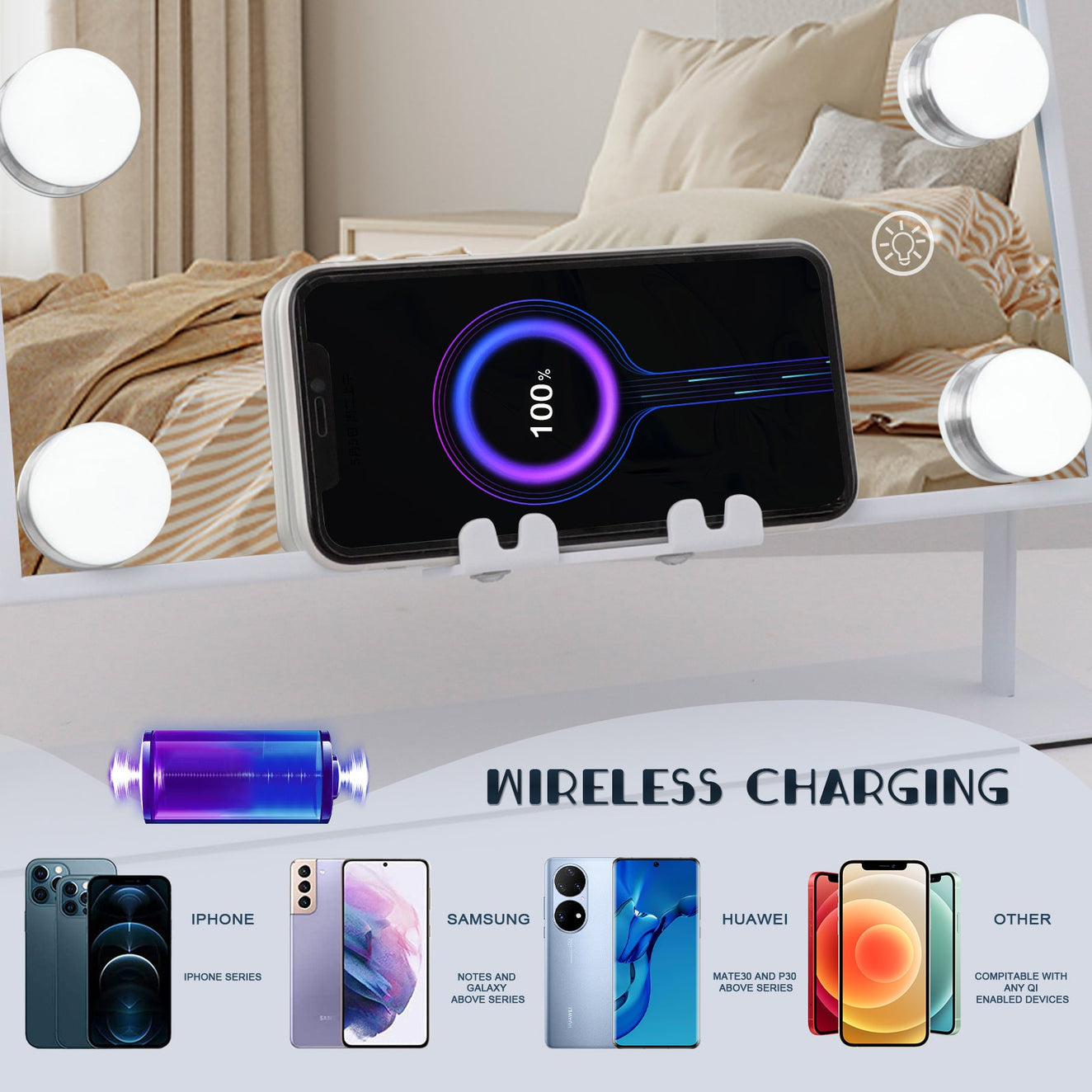 Hollywood Vanity Mirror with Wireless Charger and Bluetooth Speaker | M (11.8
