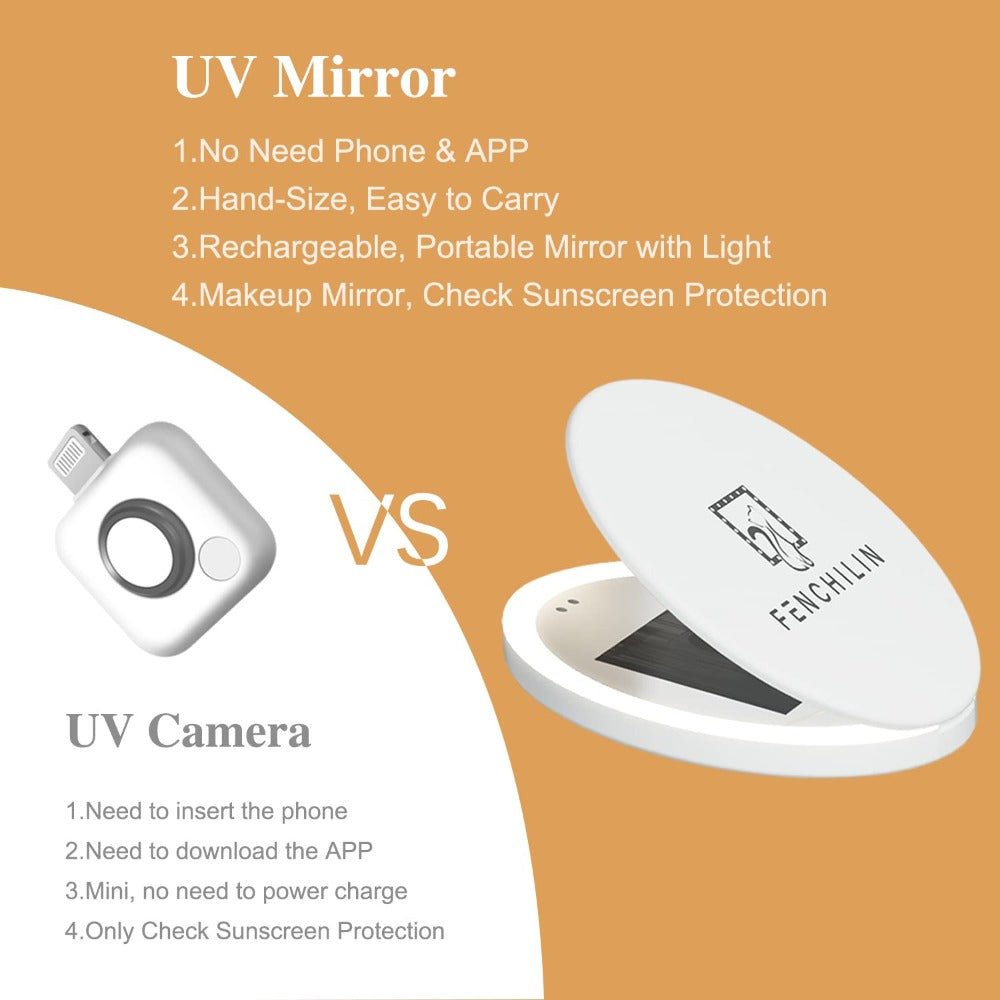 LED Travel Compact Vanity Mirror(3.5 Inch) with UV Camera for Sunscreen Test, 2X Magnification Portable Lighted Mirror for Handbag Pocket| FENCHILIN - FENCHILIN